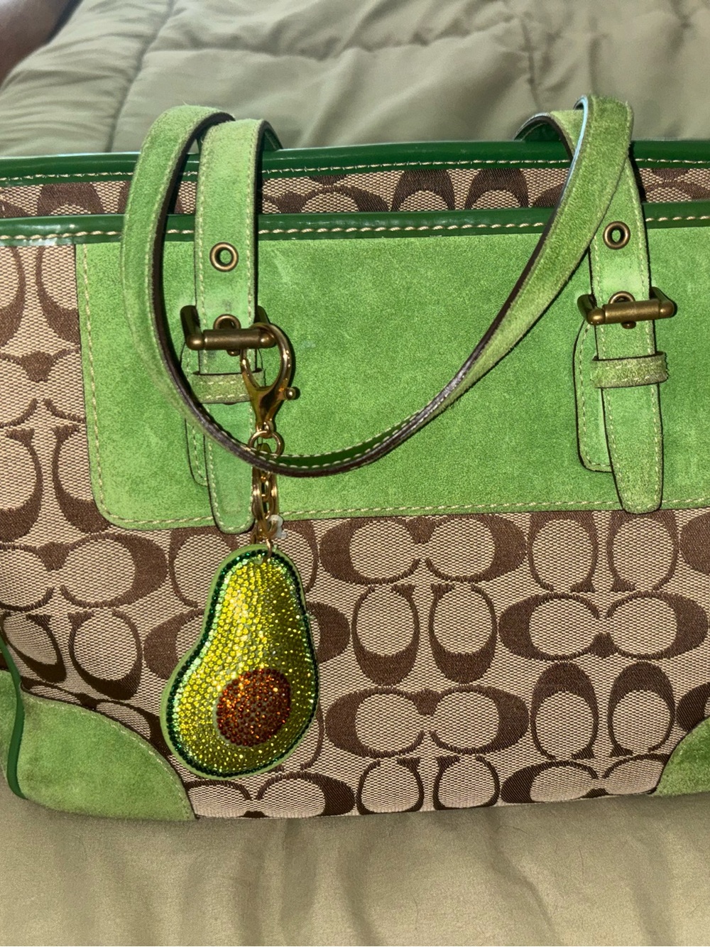 Coach Brown Signature Canvas Tote with Green Suede Trim - Picture 2 of 4